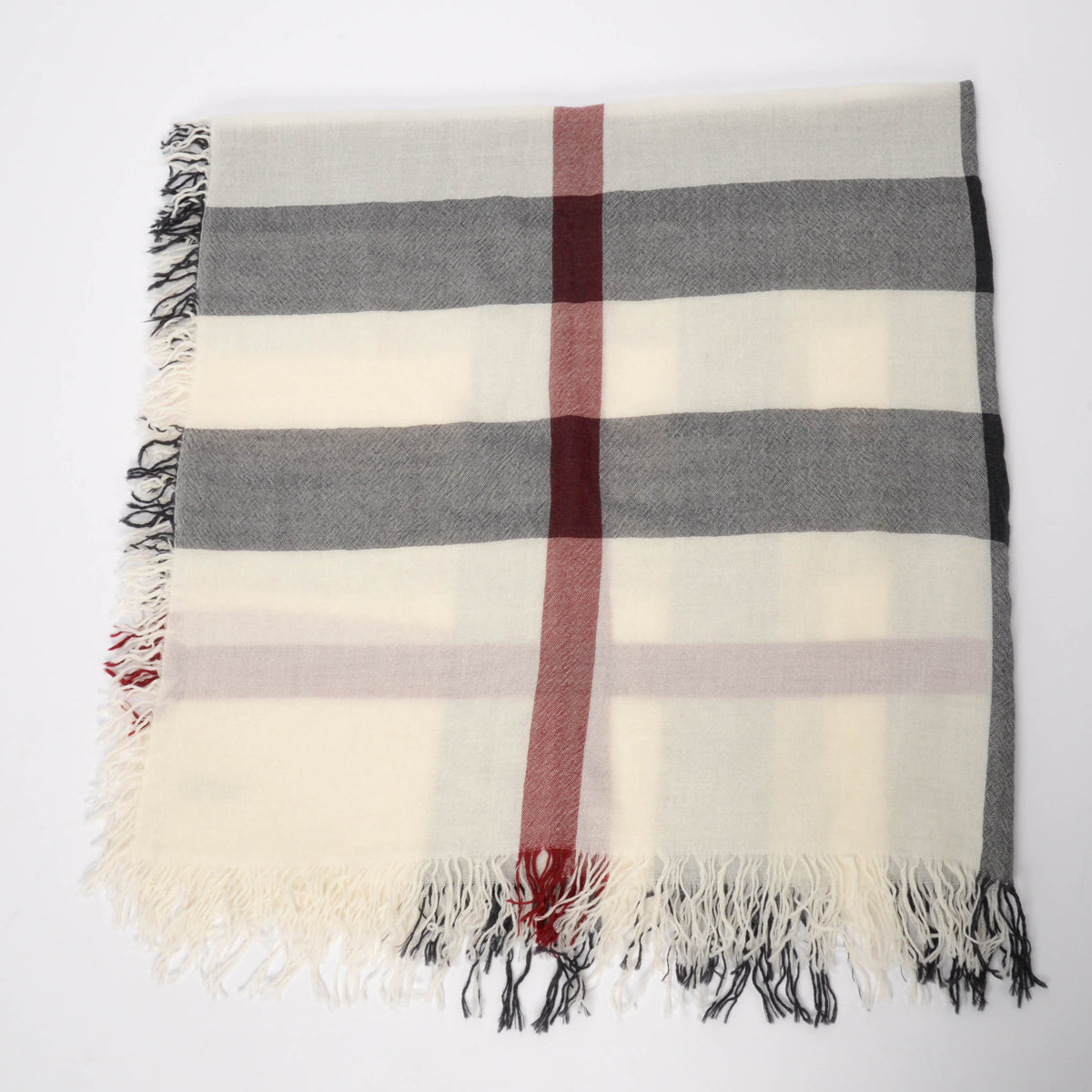 Burberry White Wool Crepe Check Fringed Scarf