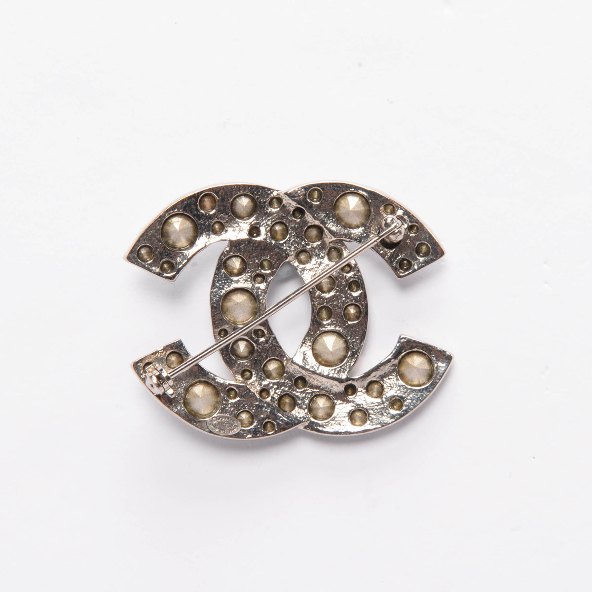 Chanel Silver Crystal Embellished CC Brooch