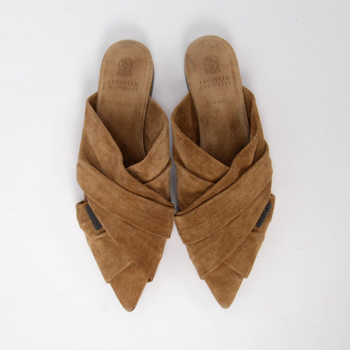 Brunello Cucinelli Tan Suede Pointed Toe Mules 37