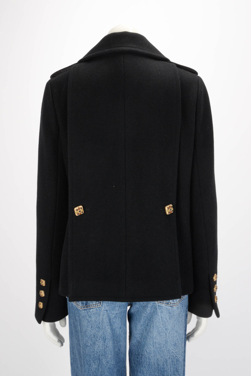 Chanel Black Wool Melton Gripoix Button Pea Coat FR 40