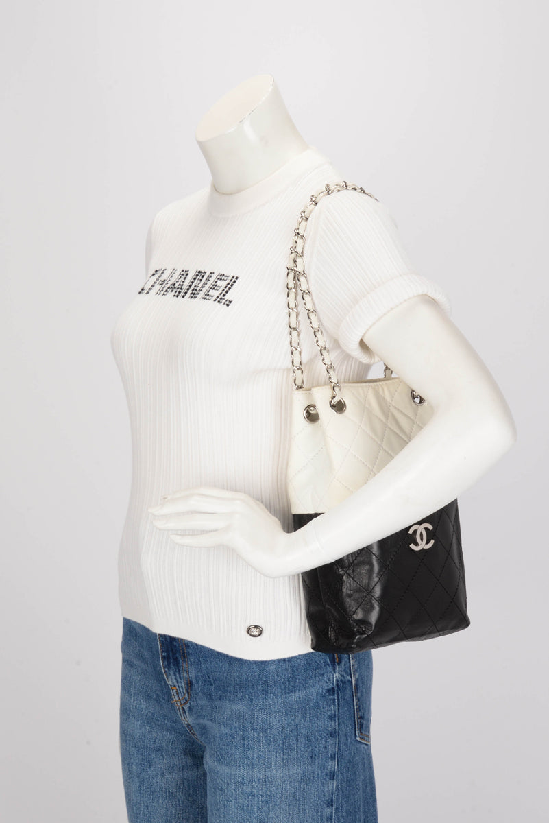 Chanel Black & White Quilted Lambskin Drawstring Shoulder Bag