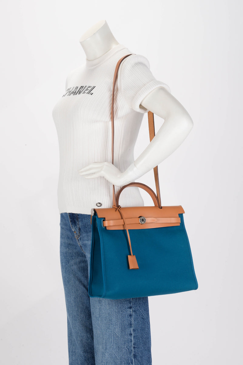 Hermes Bleu Izmir/Natural Canvas Herbag Zip 31