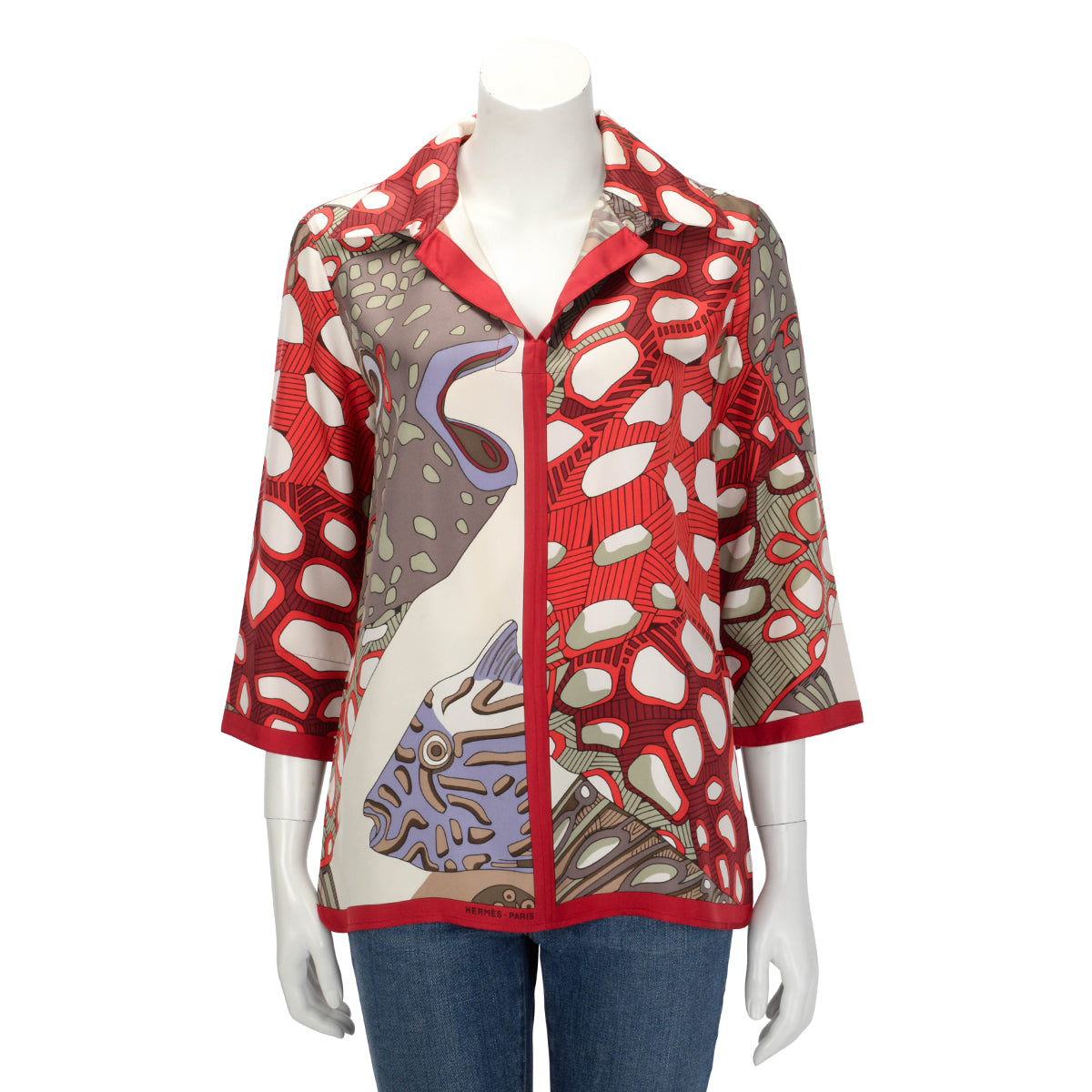 Hermes Red Silk Grands Fonds II Blouse FR 38
