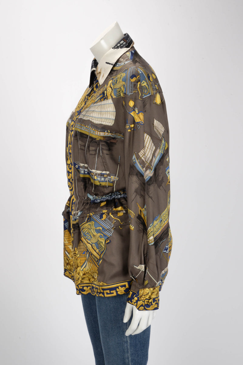 Hermes Brown & Cream Silk Jonques et Sampans Reversible Jacket FR 40