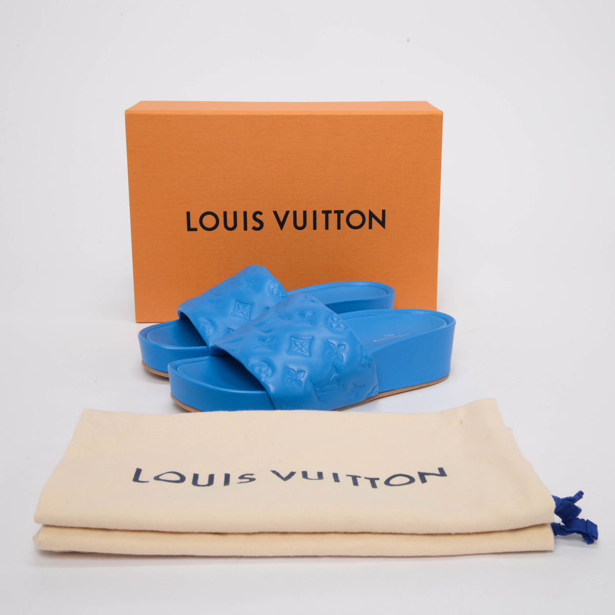 Louis Vuitton Blue Embossed Monogram Jumbo Flatform Mules 38