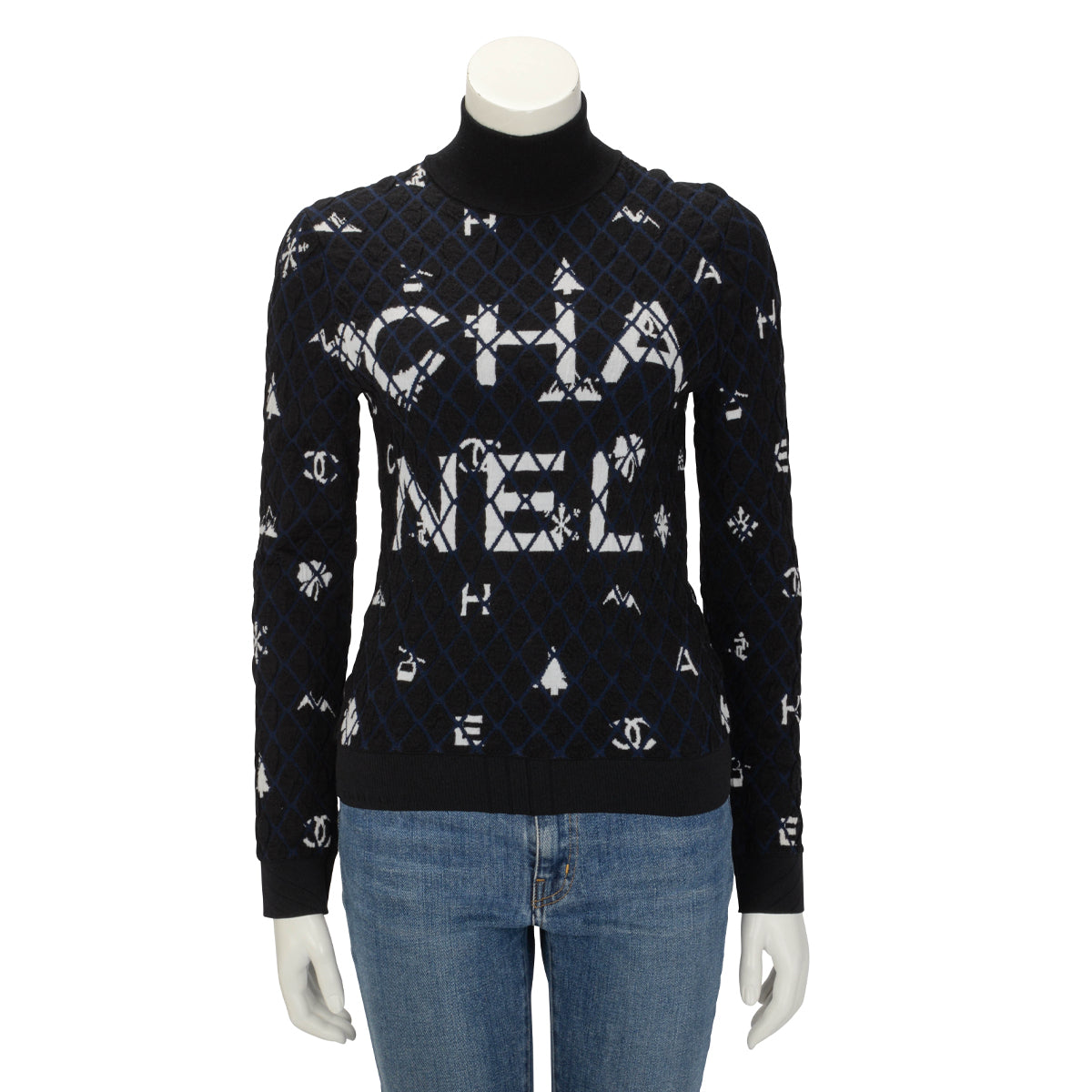 Chanel Navy & Black Quilted Coco Neige Motifs Sweater FR 34