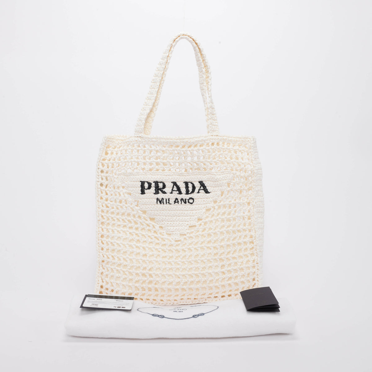 Prada White Raffia Crochet Tote Bag