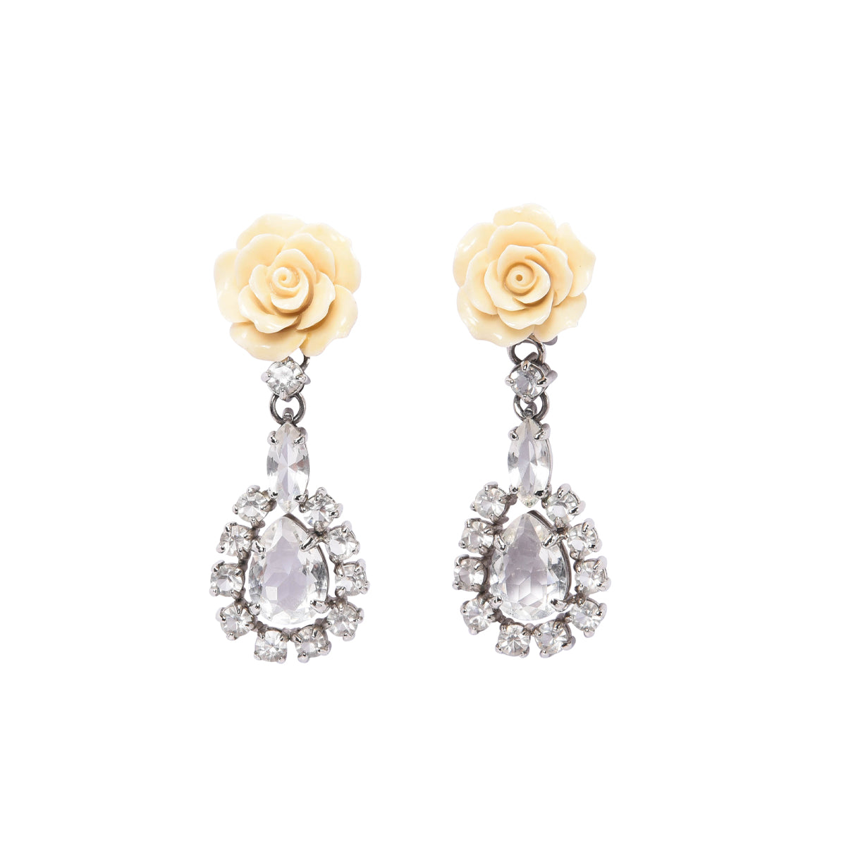 Prada Cream & Silver Crystal Rose Drop Clip Earrings