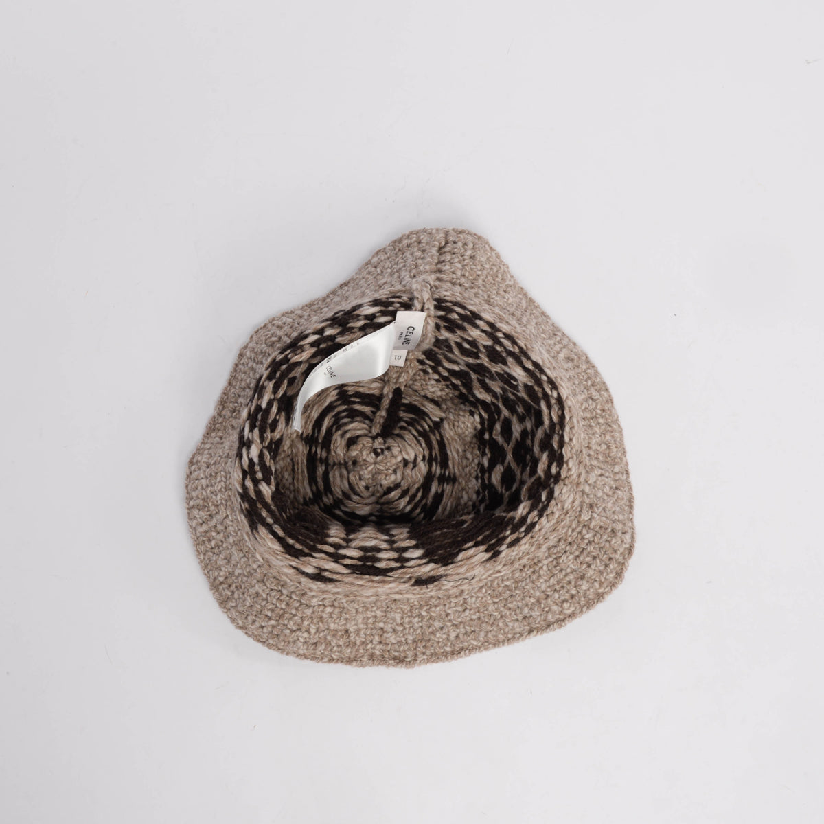 Celine Taupe Wool Triomphe Fair Isle Cloche Hat