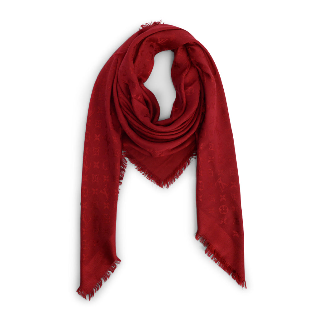 Louis Vuitton Red Silk & Wool Monogram Classic Fringed Shawl
