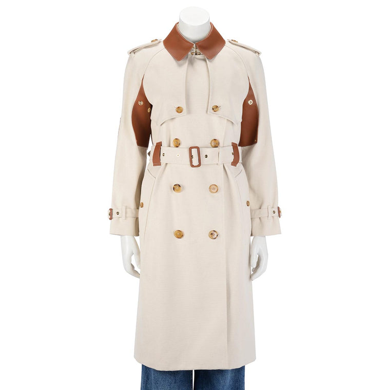 Burberry Ecru & Tan Canvas Leather Detail Trench Coat UK6