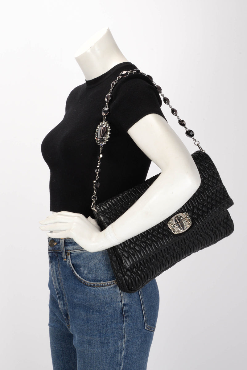 Miu Miu Black Matelasse Nappa Large Crystal Convertible Clutch
