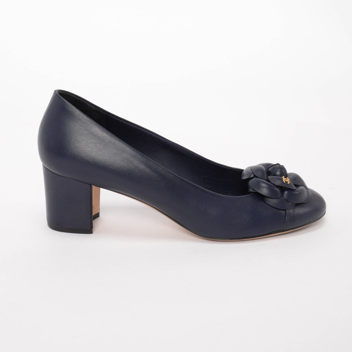 Chanel Navy Lambskin Camellia Pumps 40.5