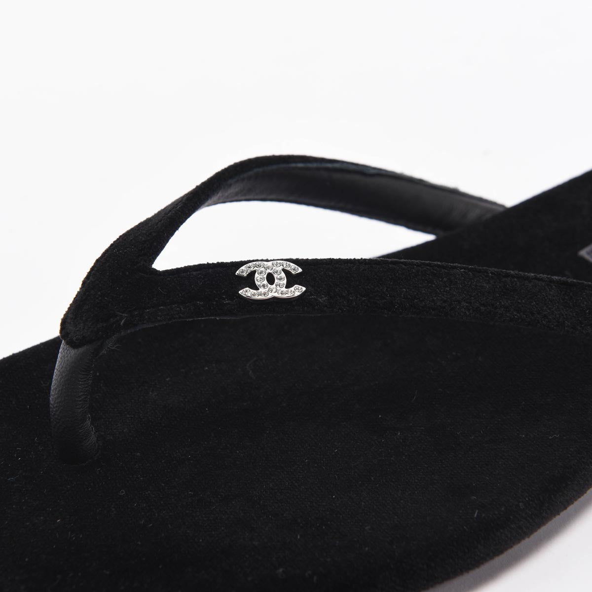 Chanel Black Velvet Crystal CC Thong Sandals 38.5