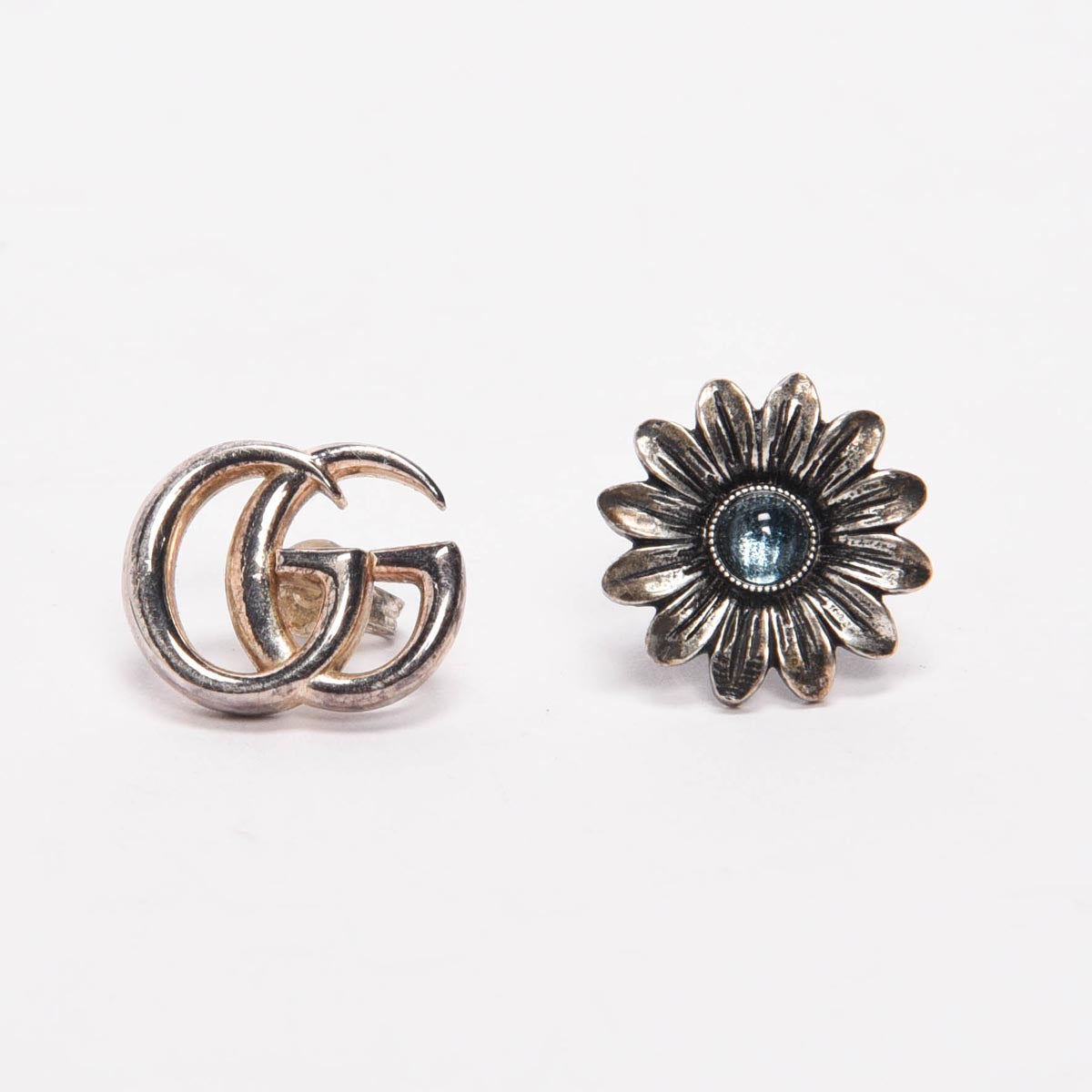 Gucci Sterling Silver GG Marmont & Flower Stud Earrings