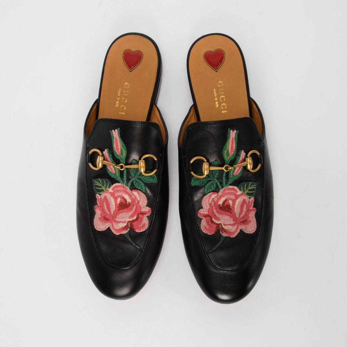 Gucci Black Calfskin Rose Embroidered Princetown Slippers 38