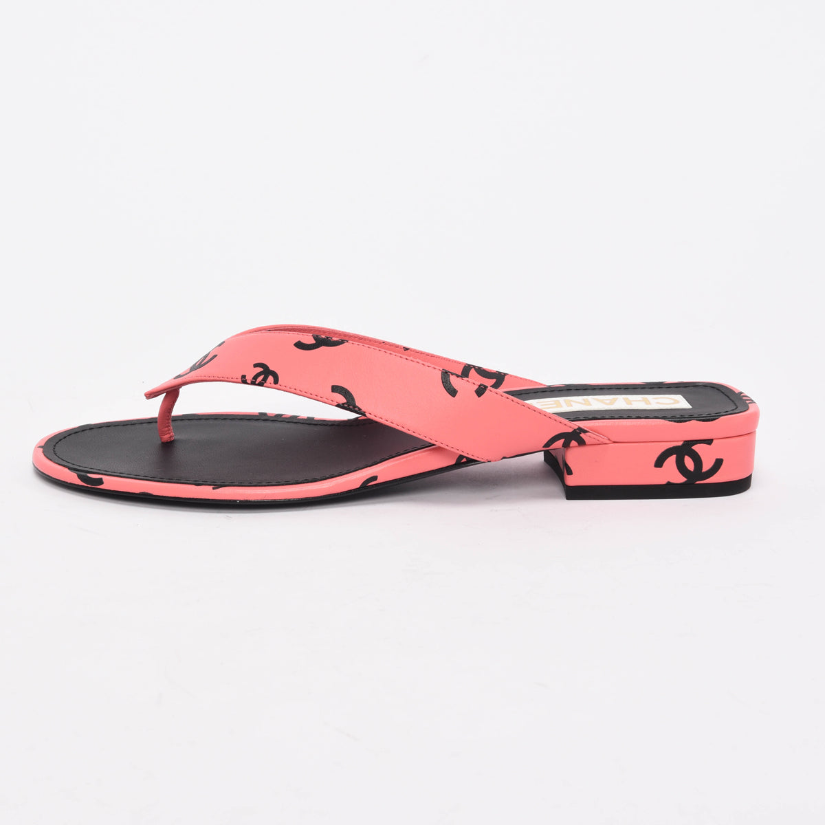 Chanel Pink & Black Lambskin CC Printed Thong Sandals 40