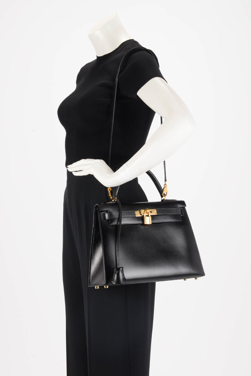 Hermes Vintage Black Box Calf Kelly 28 Shoulder Bag