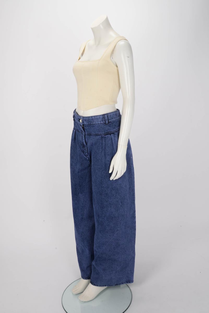 Chanel Blue Denim CC Pearl Embellished Wide Leg Jeans FR 50