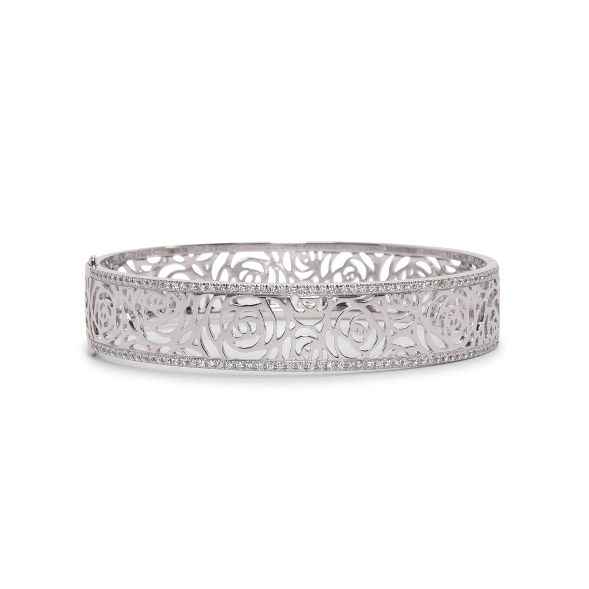Chanel 18k White Gold & Diamond Camellia Ajoure Bangle