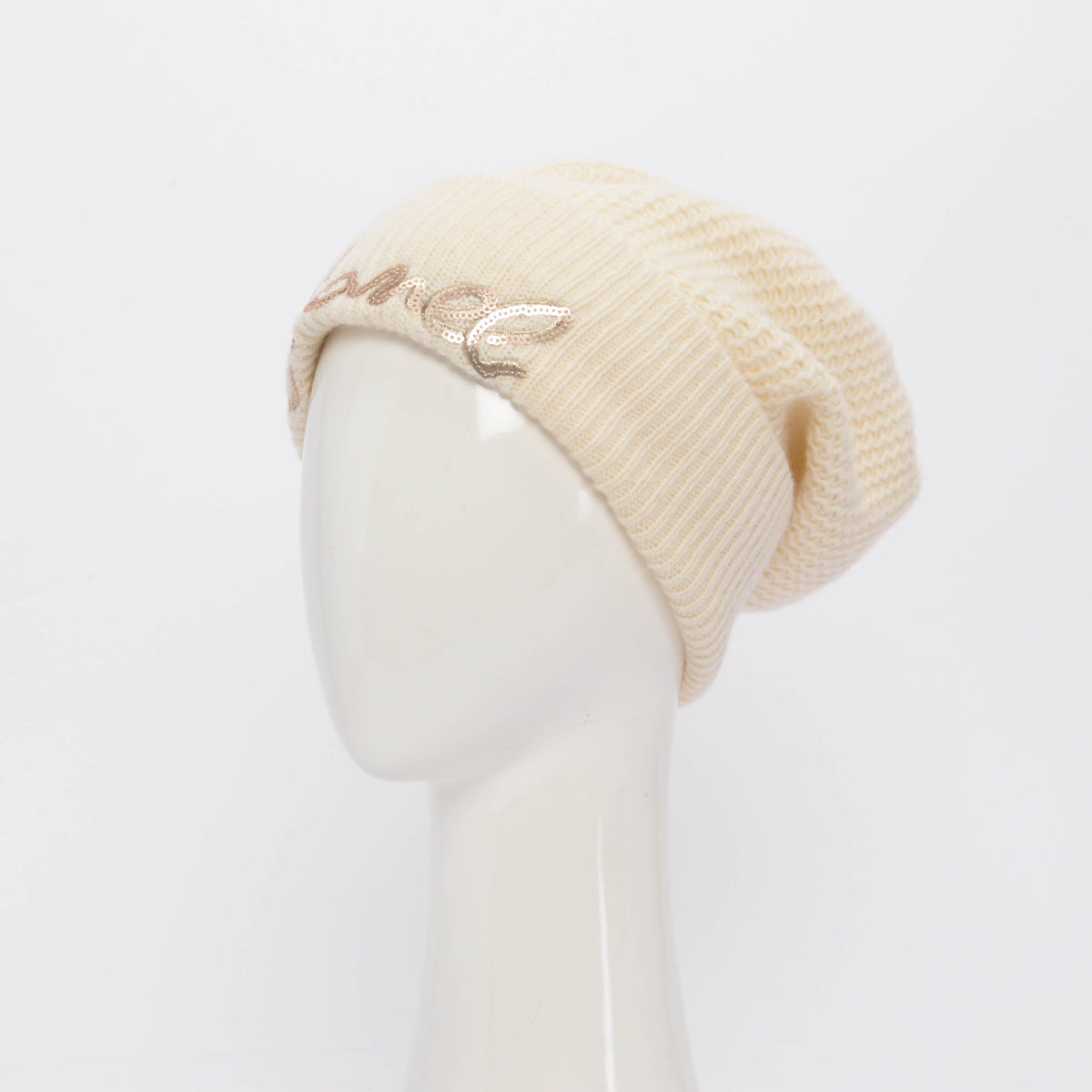 Chanel Cream Cashmere Sequin Logo Beanie