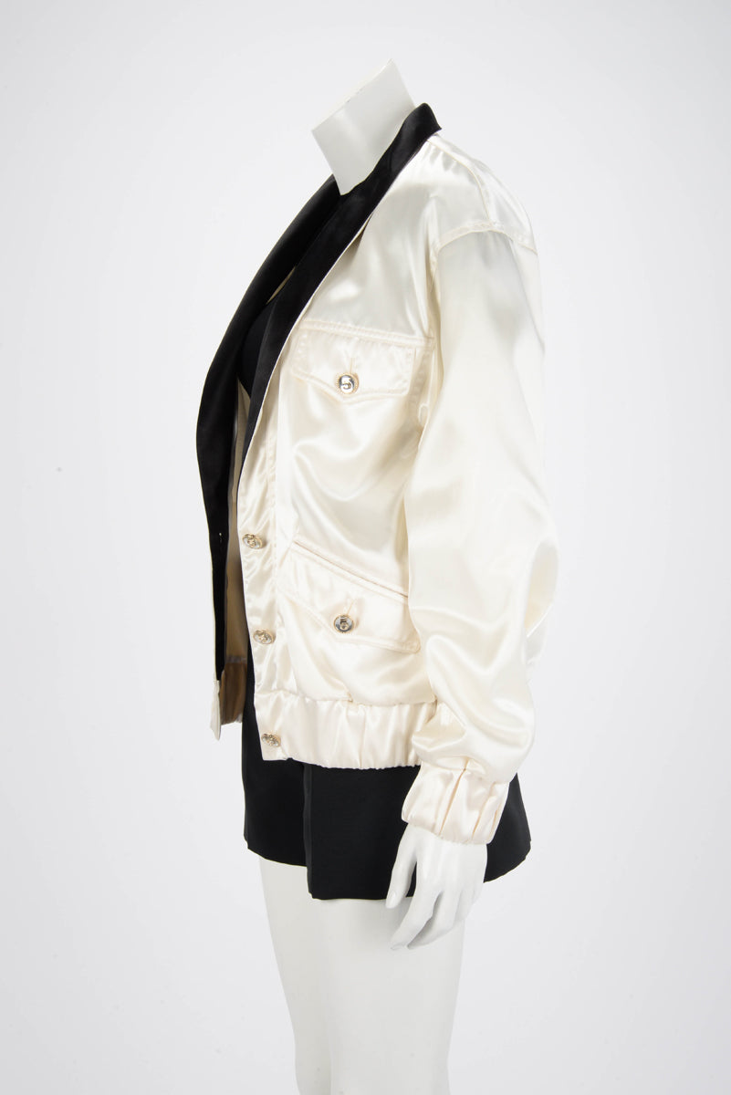 Chanel Cream & Black Satin Bomber Jacket FR 36