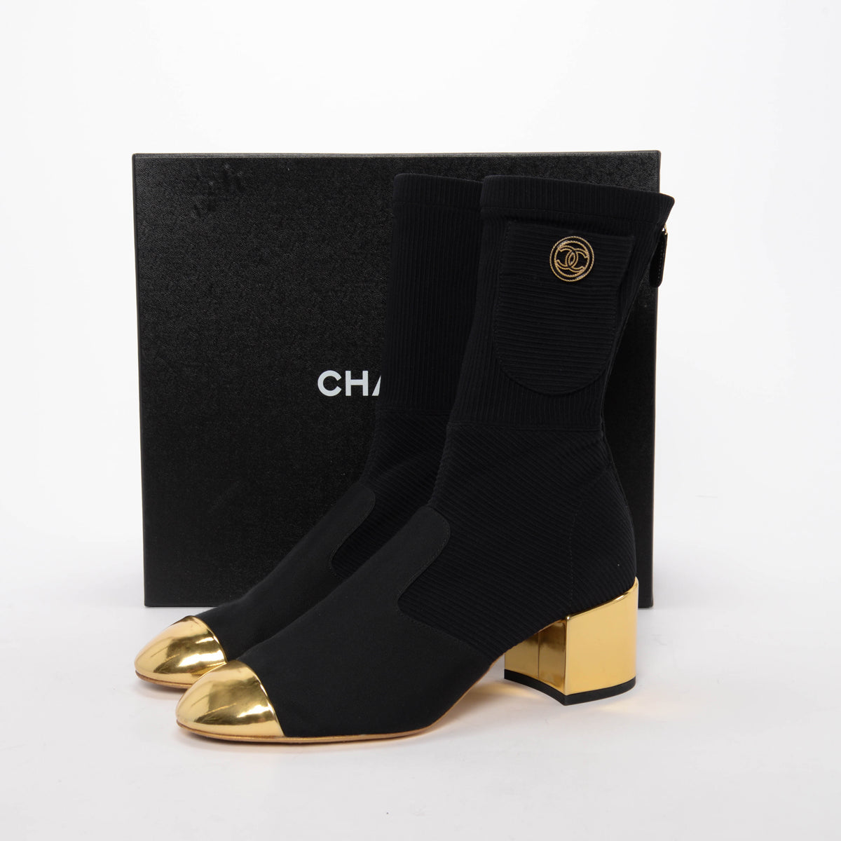 Chanel Black & Gold Knit CC Pocket Sock Boots 39