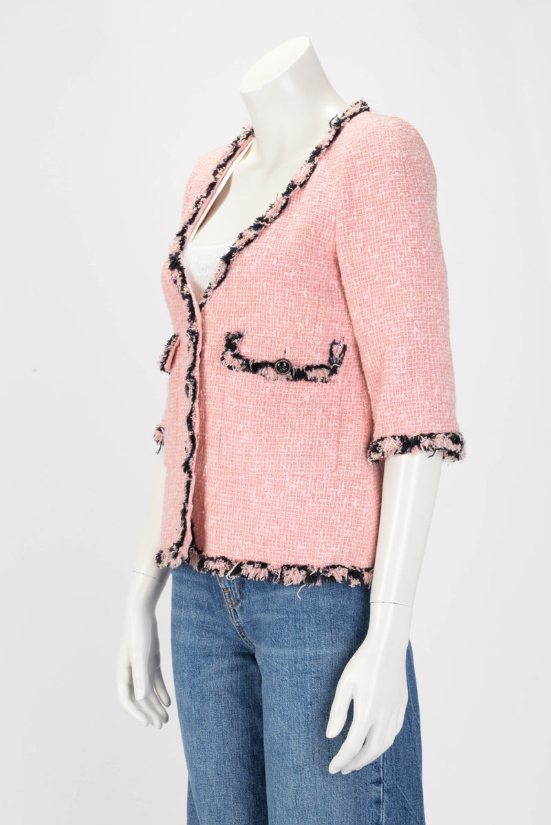 Chanel Pink & Black Tweed Frayed Edge Jacket FR 38