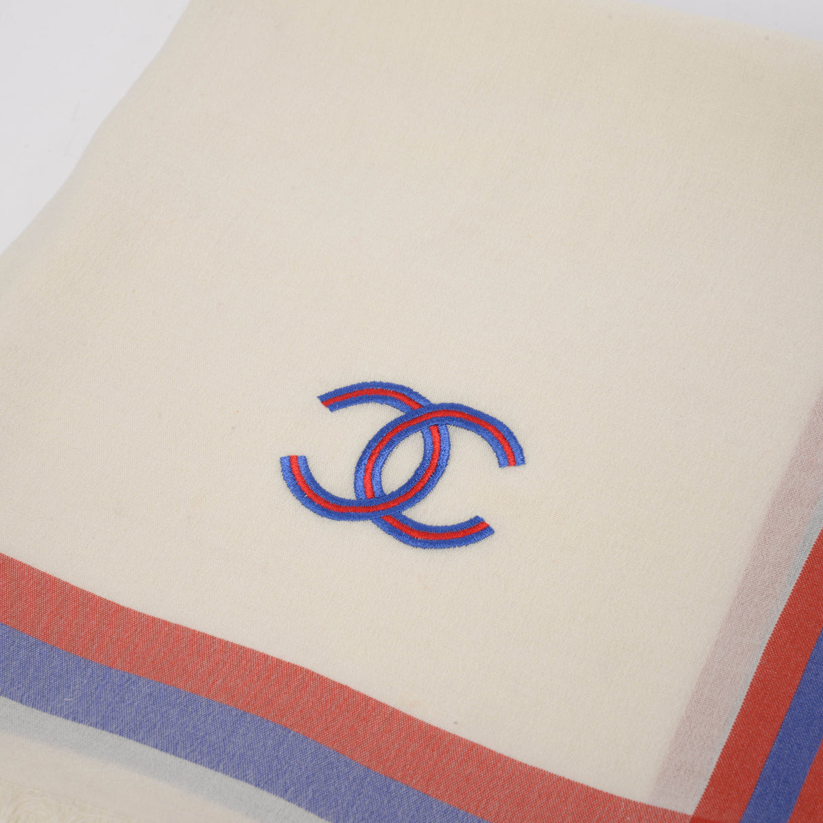 Chanel White Striped Cotton & Silk CC Shawl