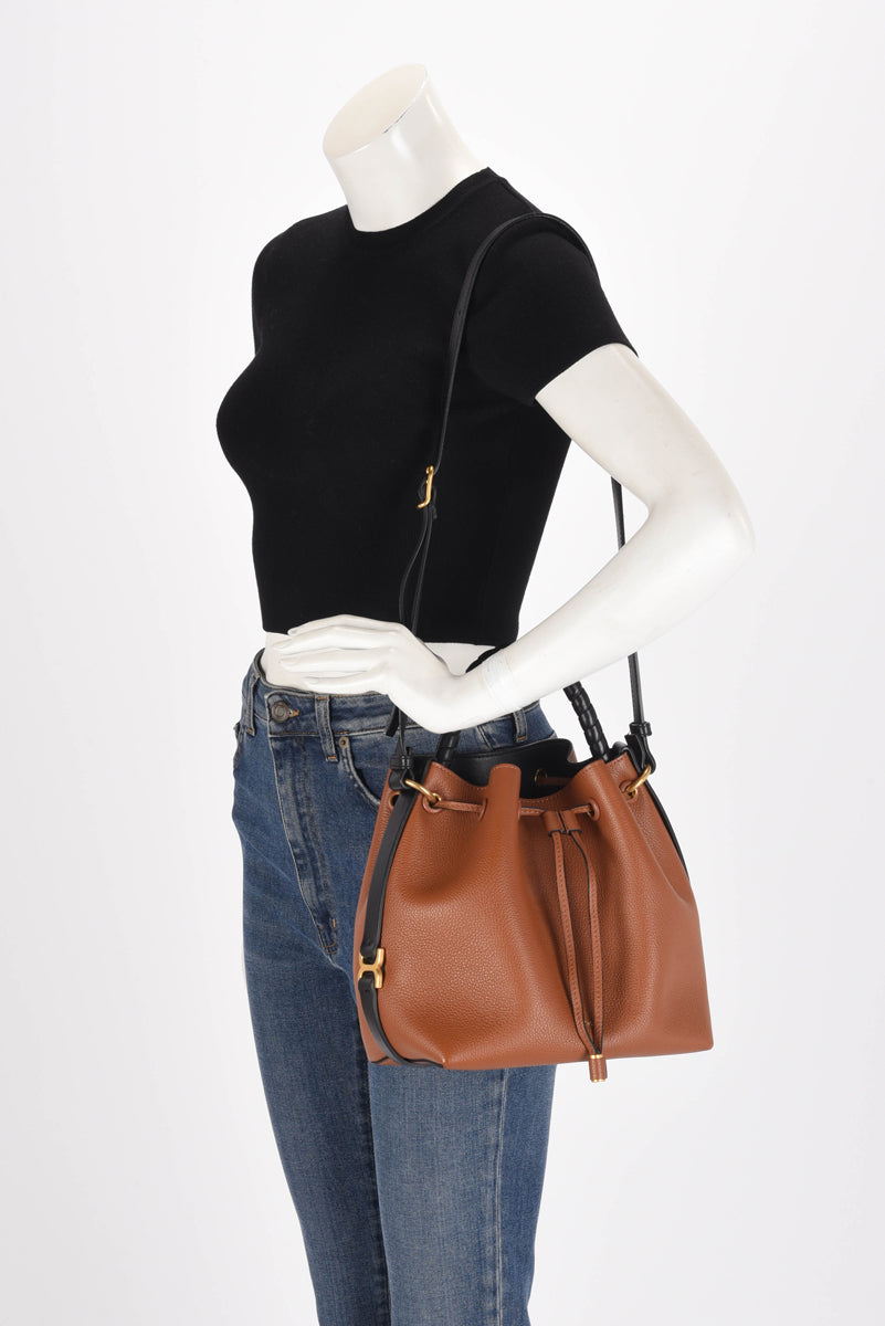 Chloe Tan & Black Calfskin Marcie Drawstring Bucket Bag