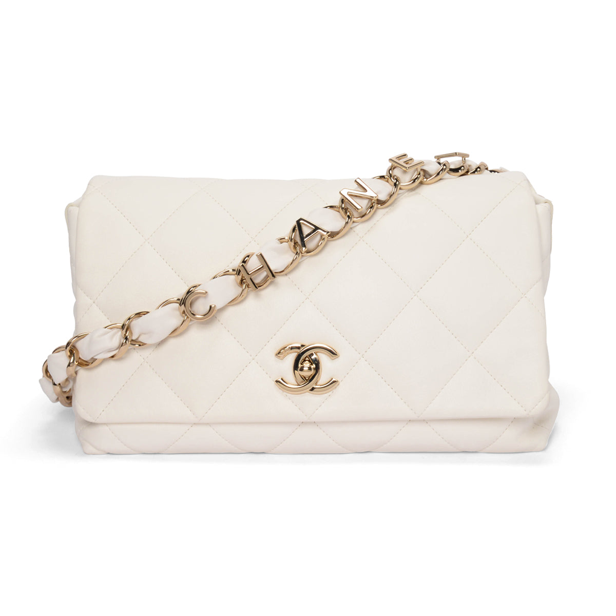 Chanel White Quilted Calfskin Large Logo Strap Bag
