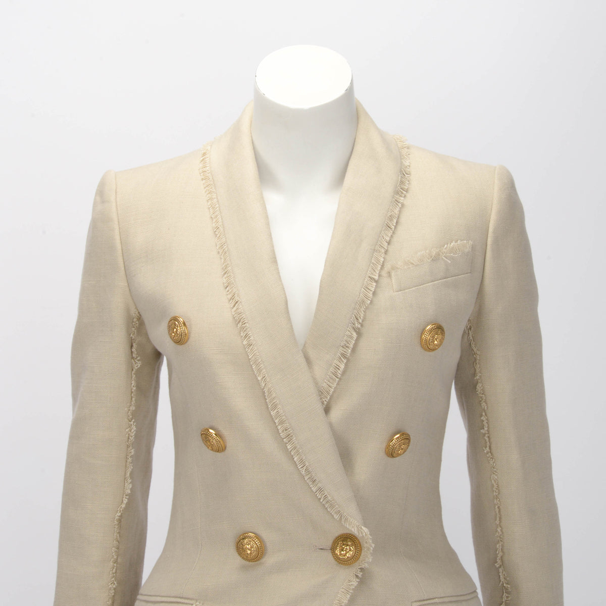 Balmain Beige Linen Fringed Double Breasted Blazer FR 34