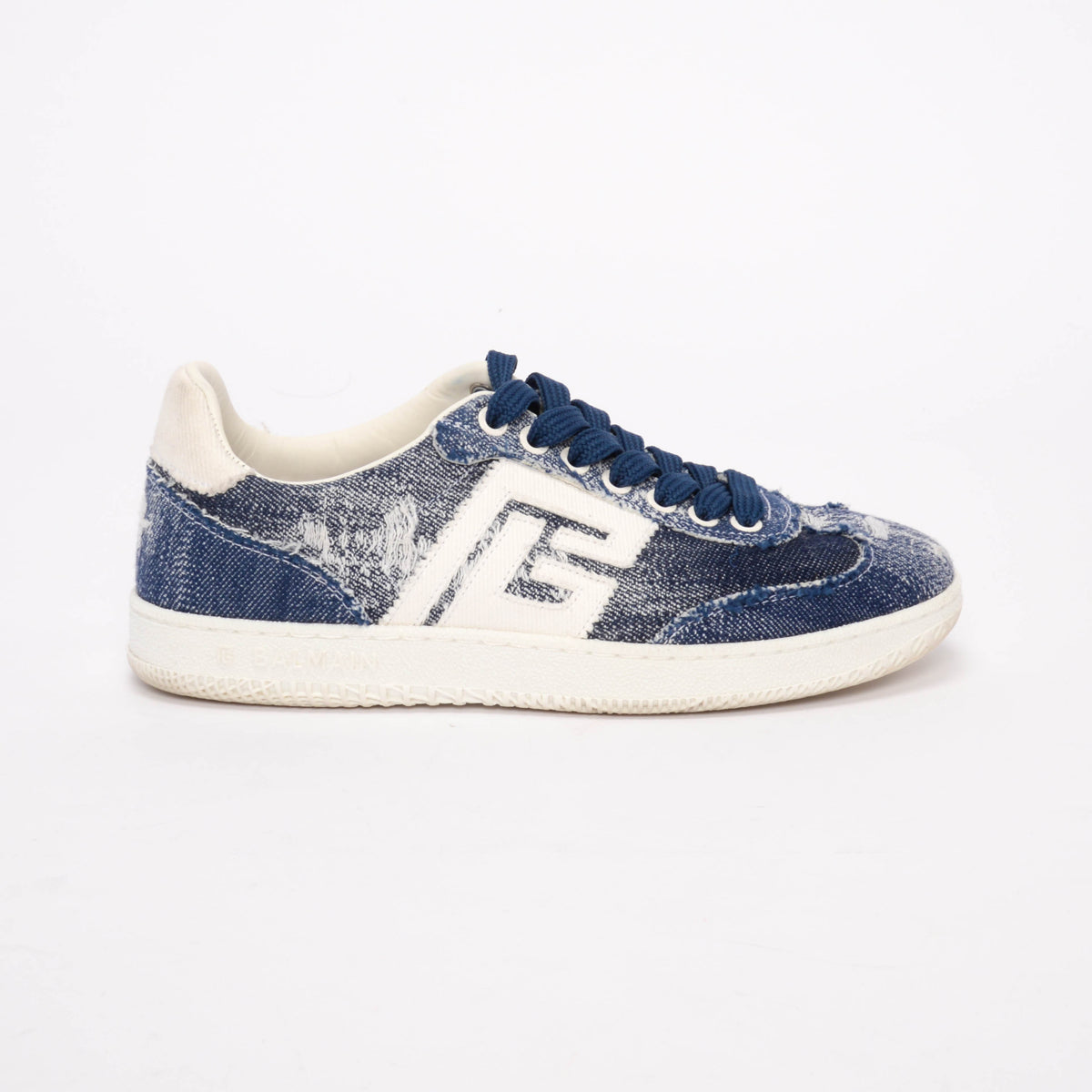 Balmain Blue Frayed Denim Logo Sneakers 38