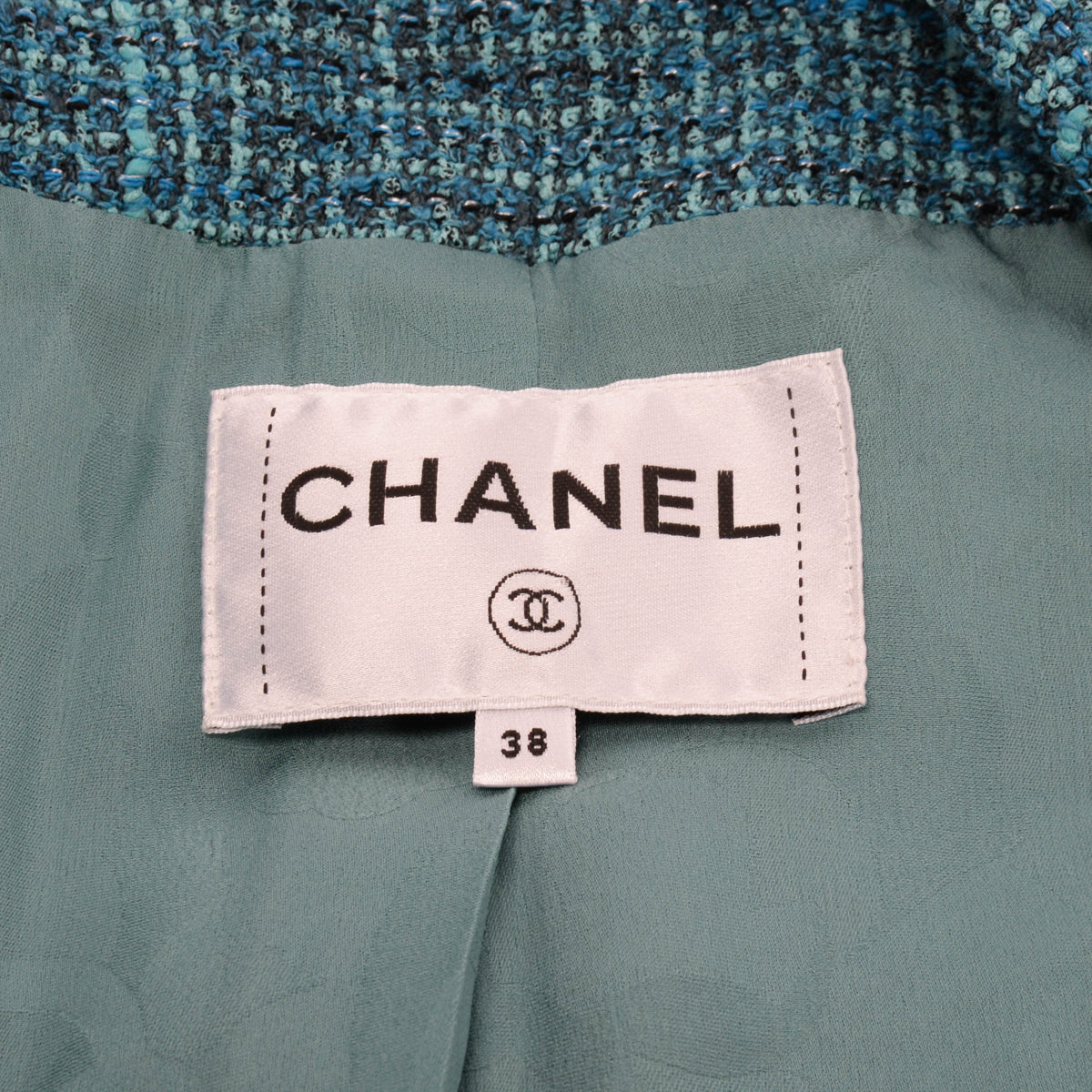 Chanel Turquoise Tweed Lion Button Jacket FR 38