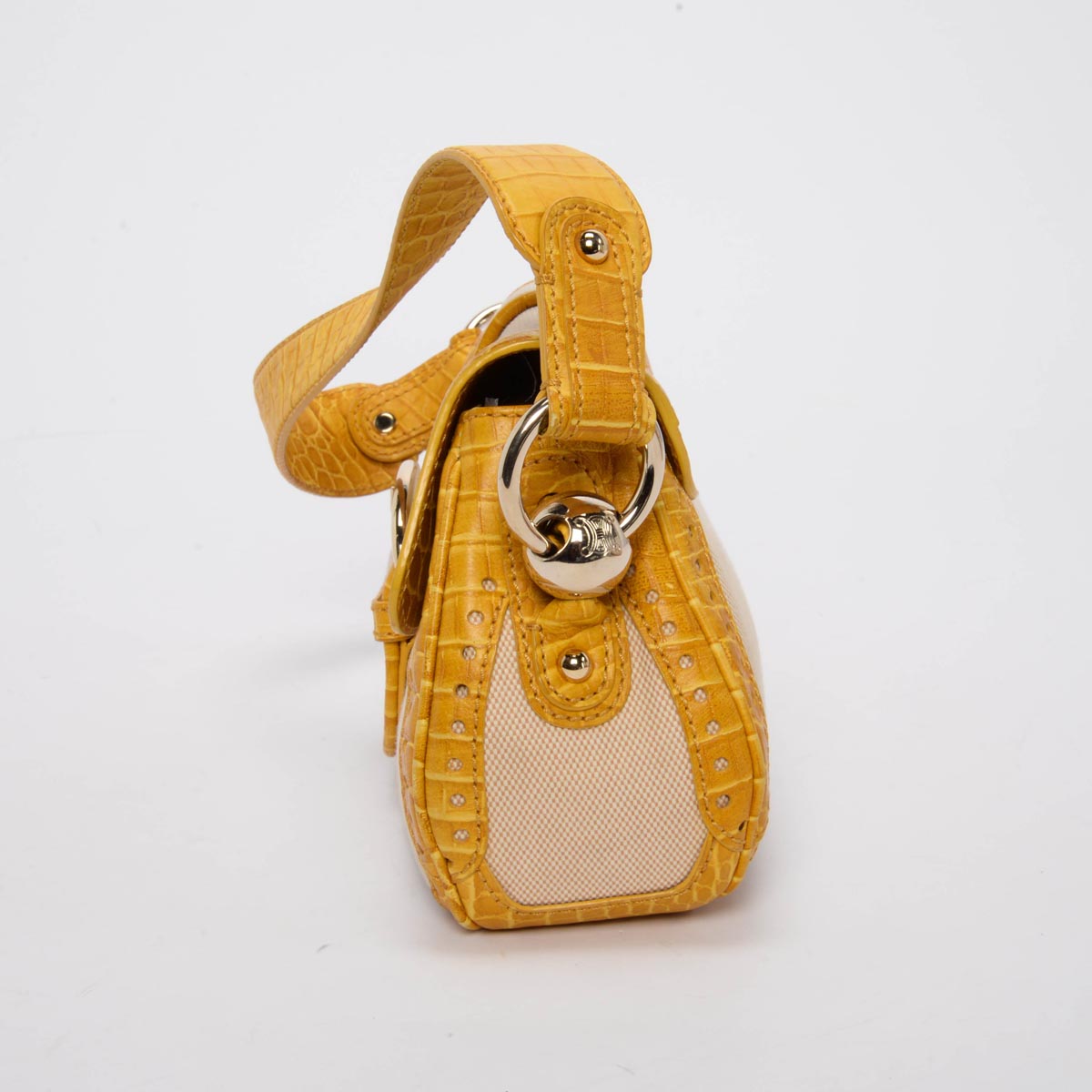 Celine Vintage Yellow Canvas Moc Croc Shoulder Bag