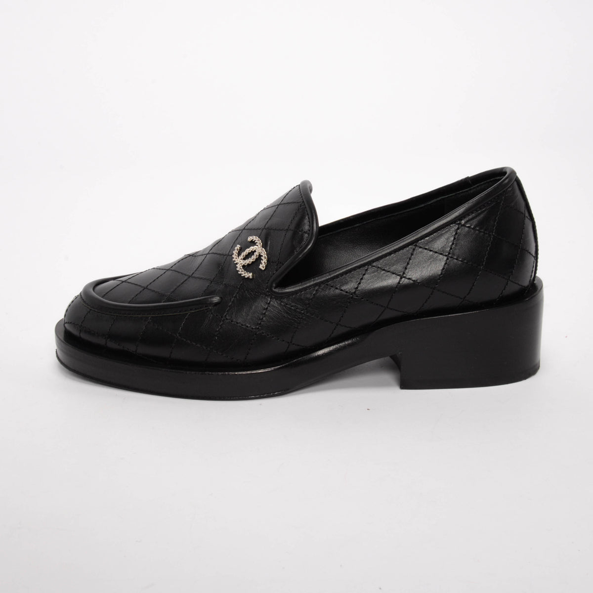 Chanel Black Quilted Calfskin CC Loafers 35