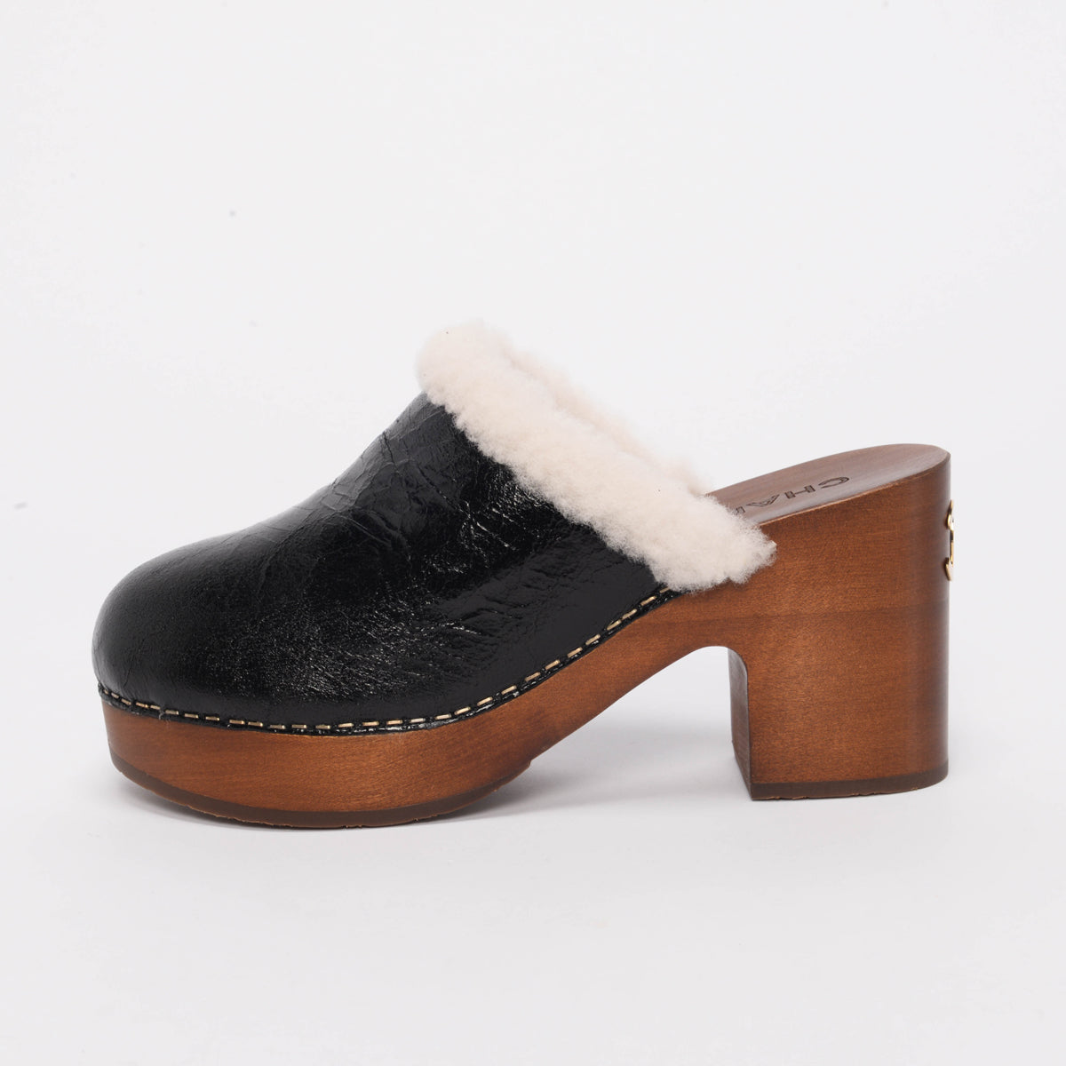 Chanel Black Crackled Sheepskin CC Clogs 38