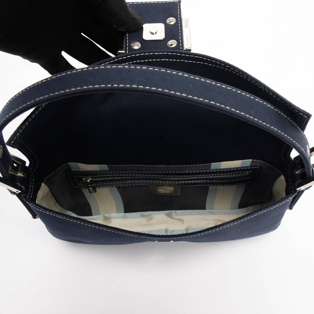 Fendi Navy Cotton Drill Enamel Clasp Baguette Bag