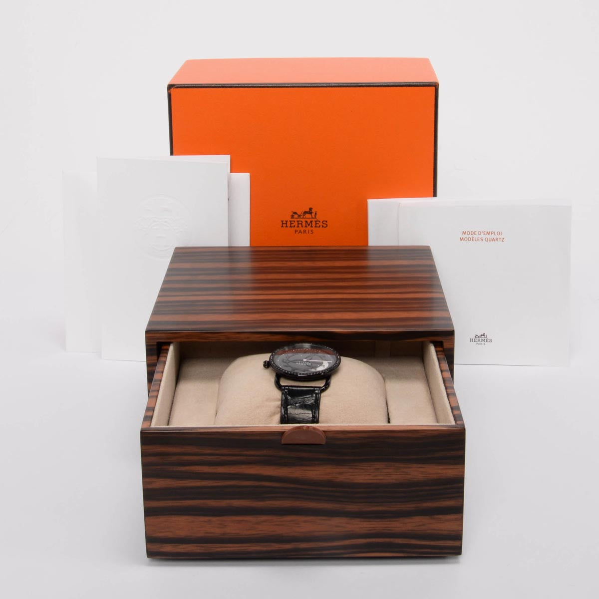 Hermes Black Stainless Steel & Diamond Arceau Ronde Des Heures Watch