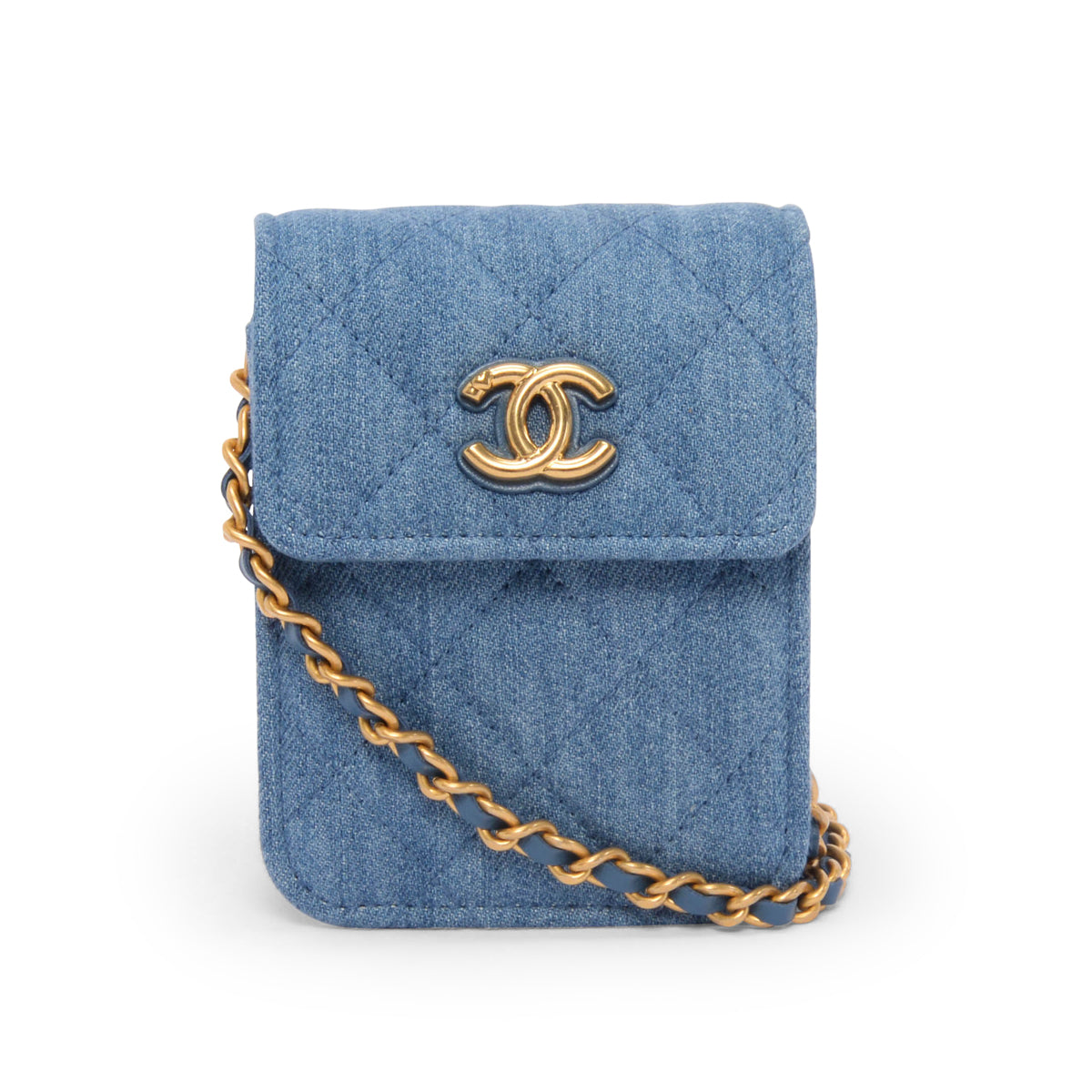 Chanel Blue Quilted Denim Clutch With Chain