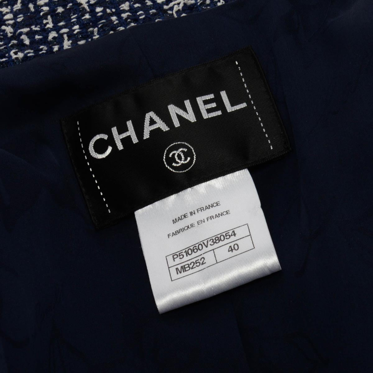 Chanel Navy & White Fantasy Tweed Military Collar Jacket FR 40