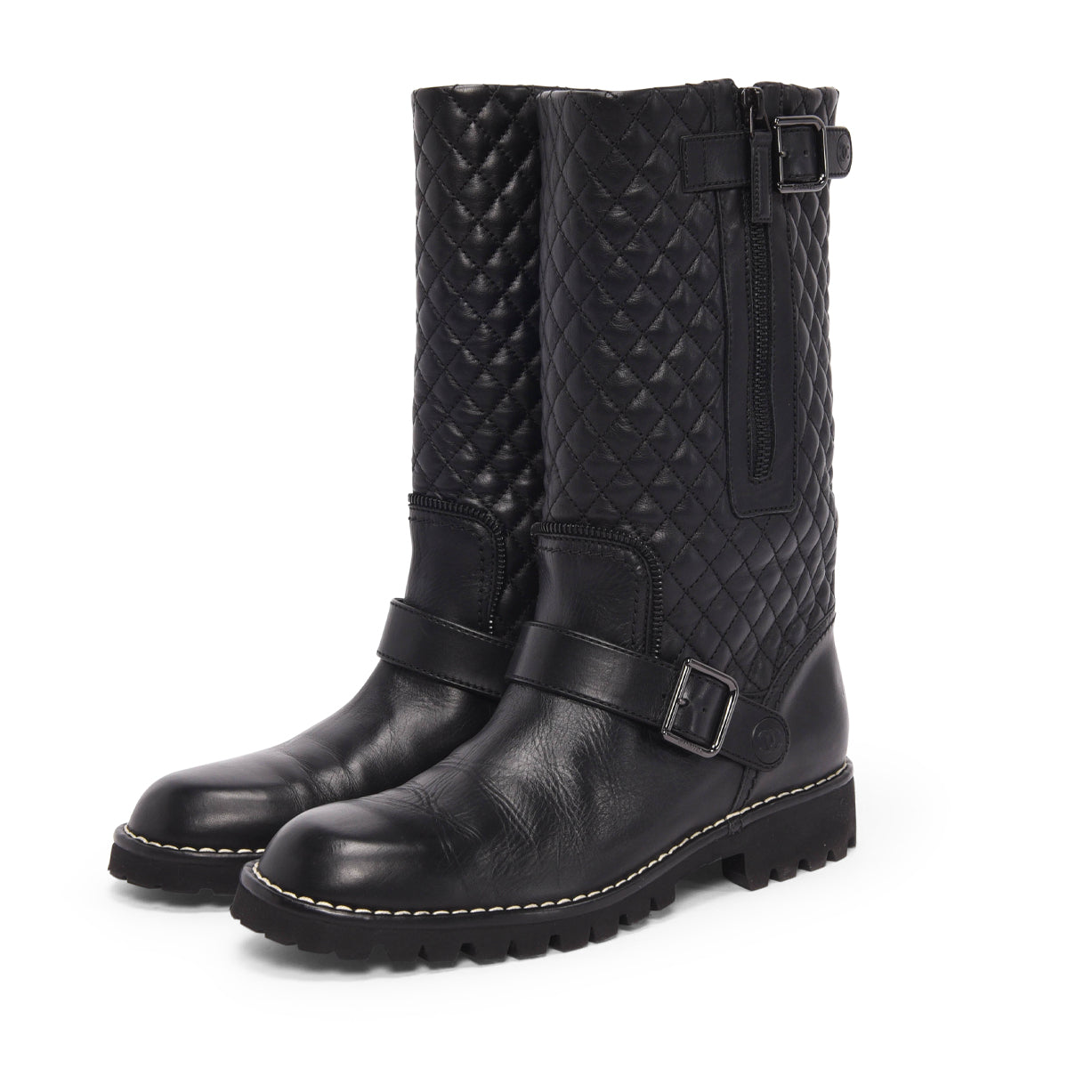 Chanel Black Quilted Calfskin Biker Boots 40