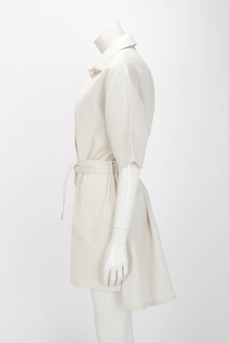 Hermes Blanc Ecume Cotton Crepon Belted Shirt Dress FR34