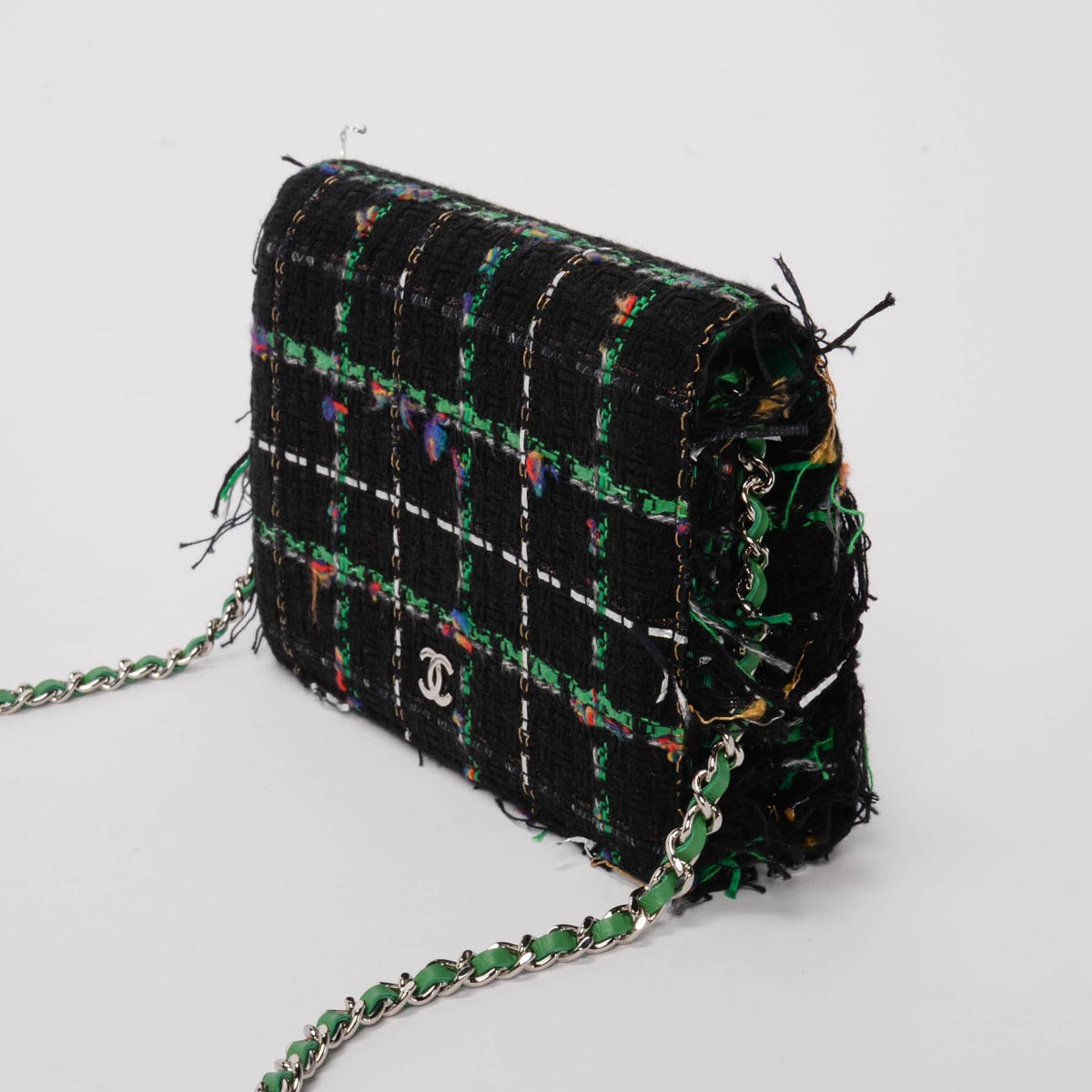Chanel Black & Green Tweed Frayed Robot Wallet on Chain