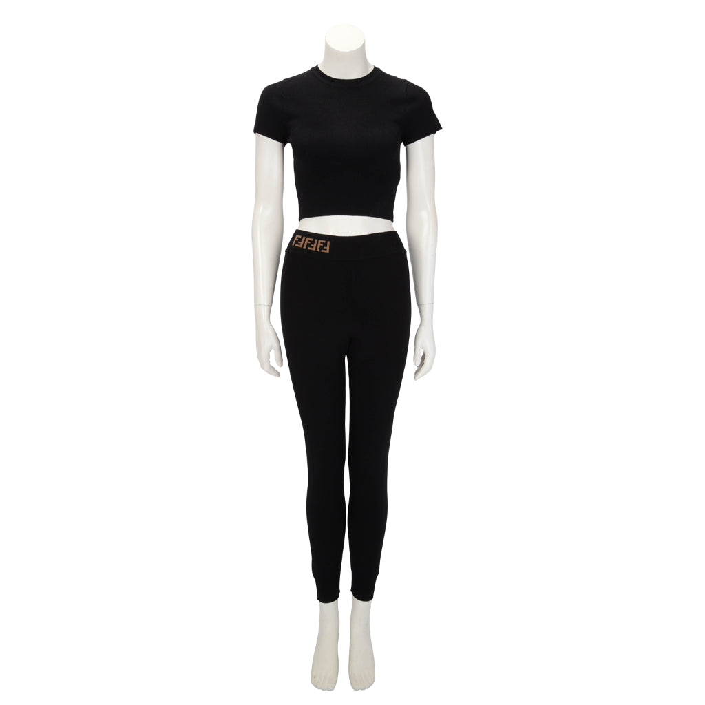 Fendi Black Stretch Knit FF Logo Waistband Leggings XS