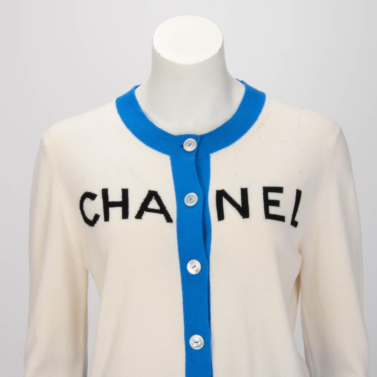 Chanel Cream & Blue Cashmere 19S Logo Cardigan FR 42