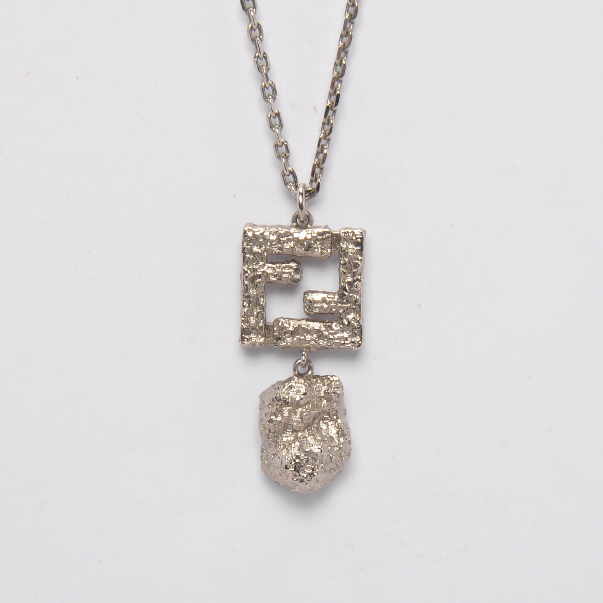 Fendi Silver Hammered Metal FF Drop Pendant Necklace