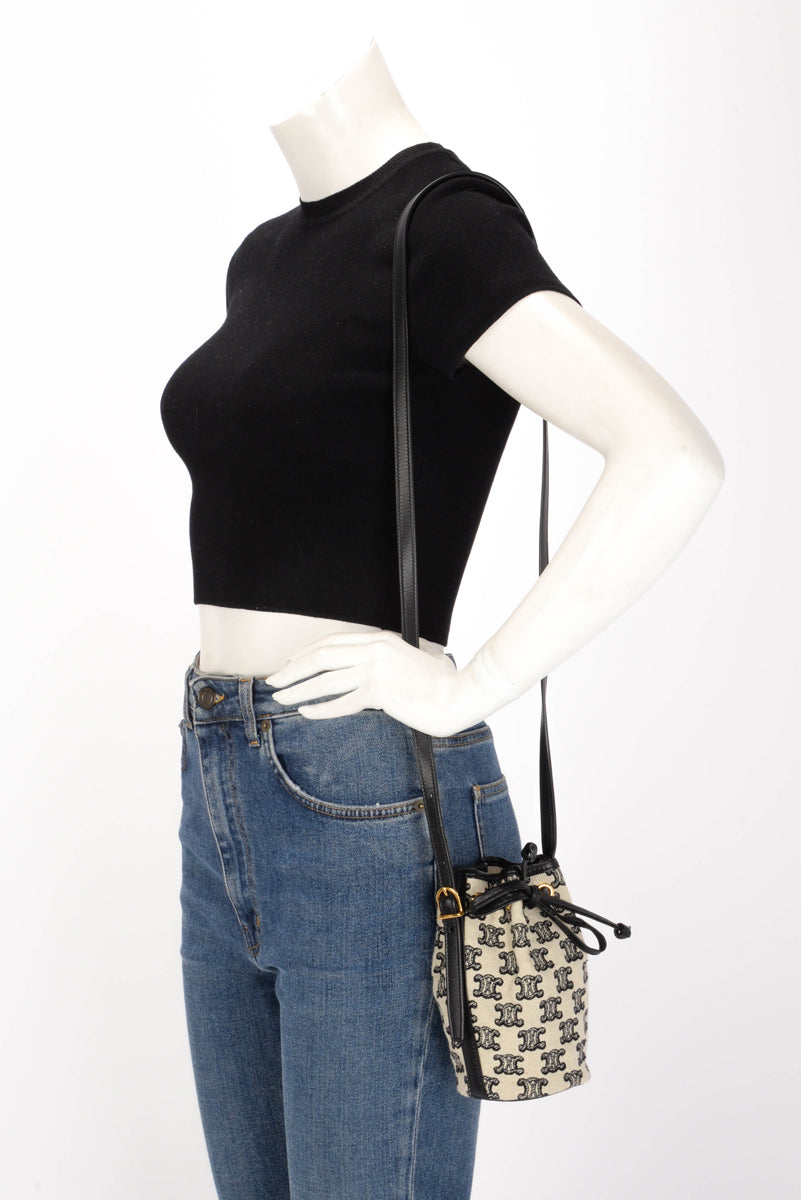 Celine Ecru & Black Triomphe Canvas Micro Drawstring Bucket Bag