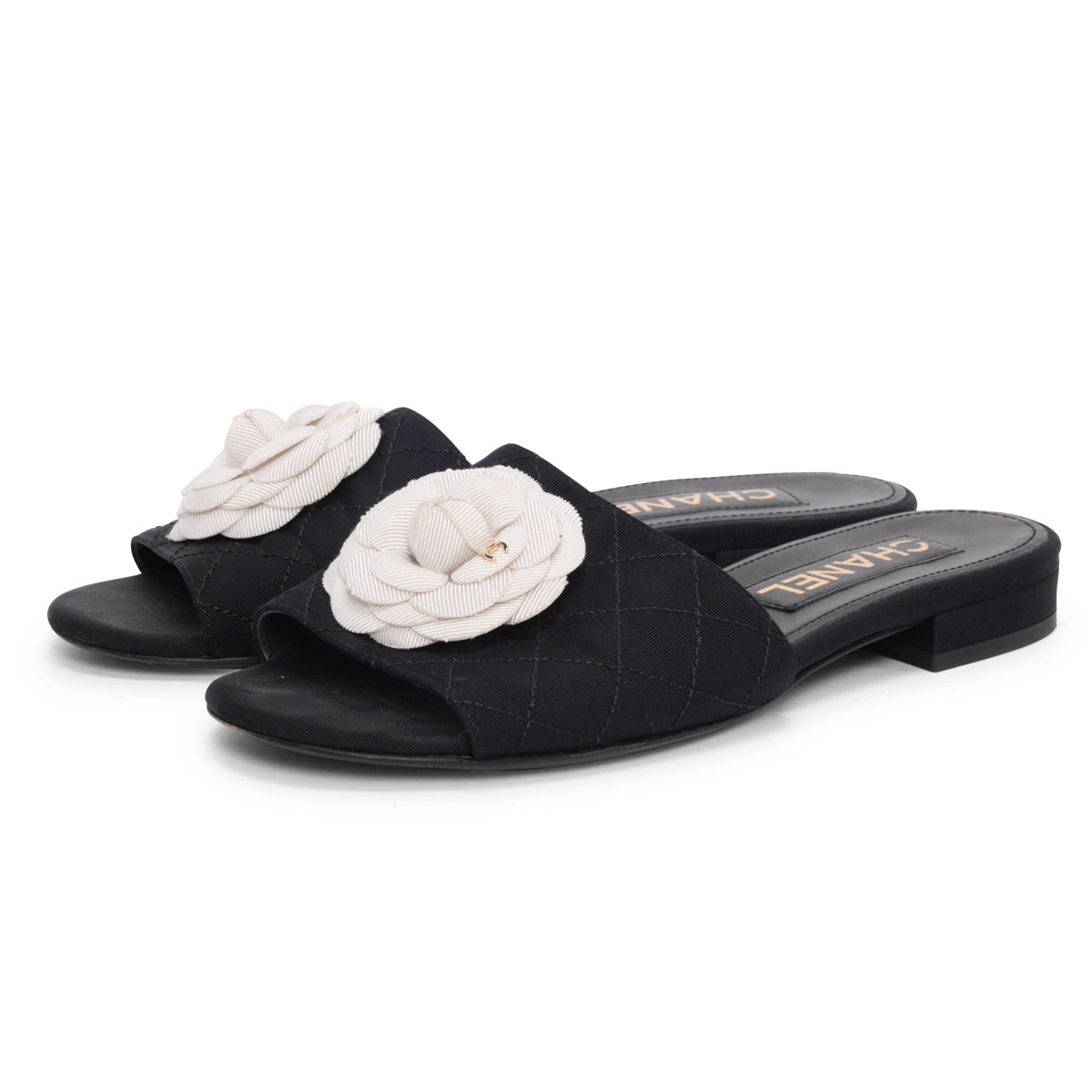 Chanel Black Grosgrain Quilted Camellia Slides 37