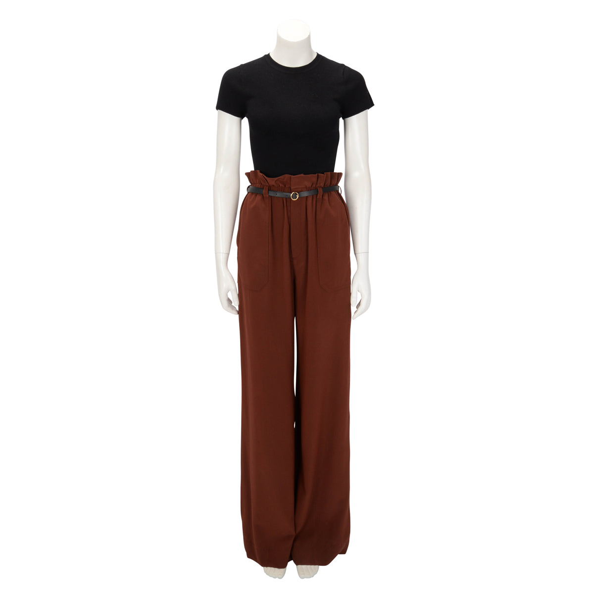 Chloe Rosewood Brown Crepe De Shine Paperbag Belted Pants FR38